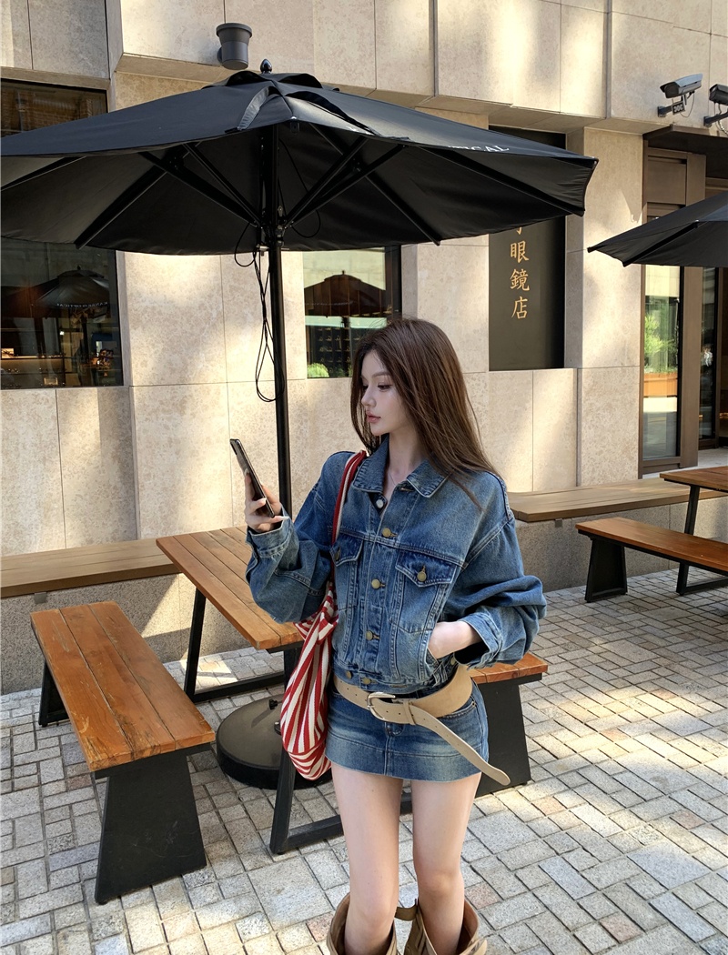 Denim loose coat slim retro culottes 2pcs set for women