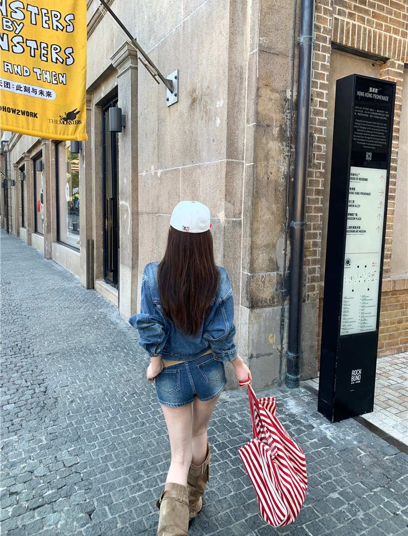 Denim loose coat slim retro culottes 2pcs set for women