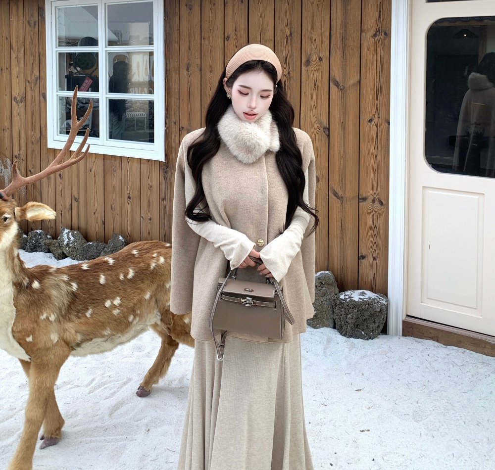 France style fur collar cloak scarf woolen coat