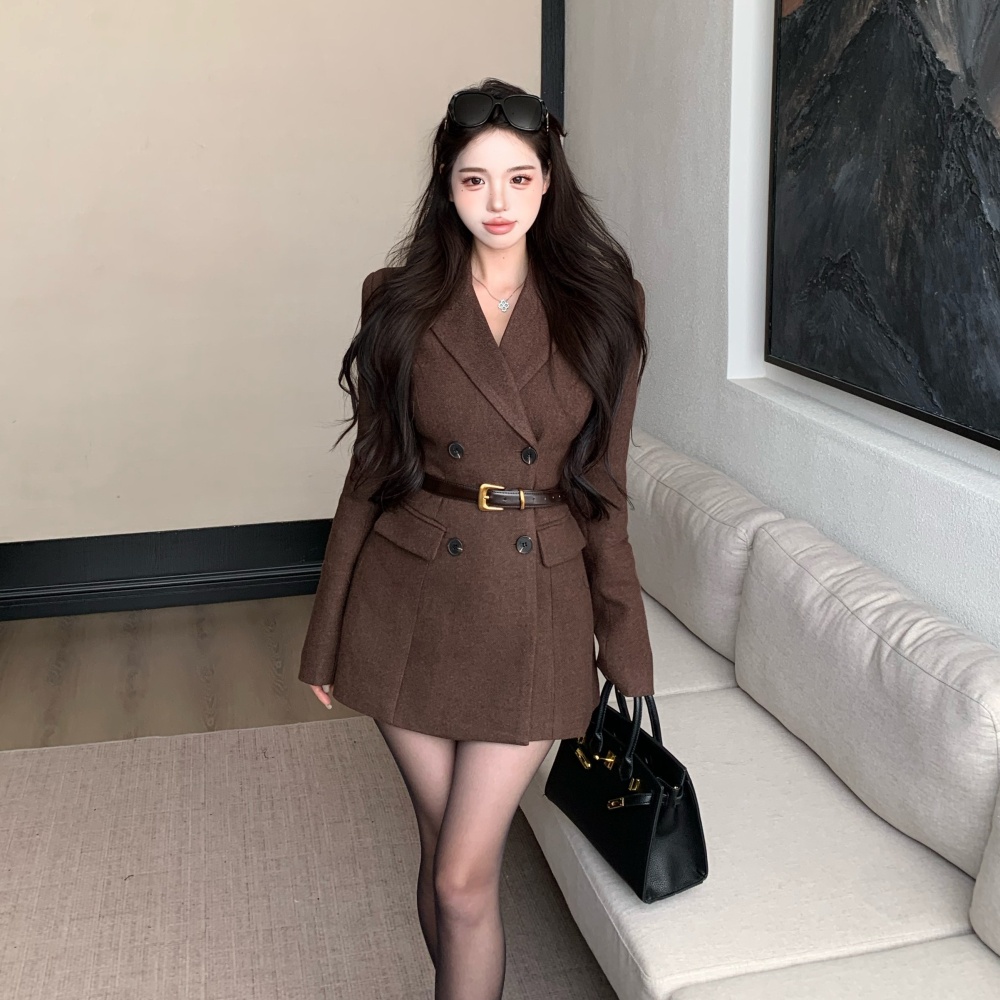 V-neck pinched waist overcoat retro woolen coat