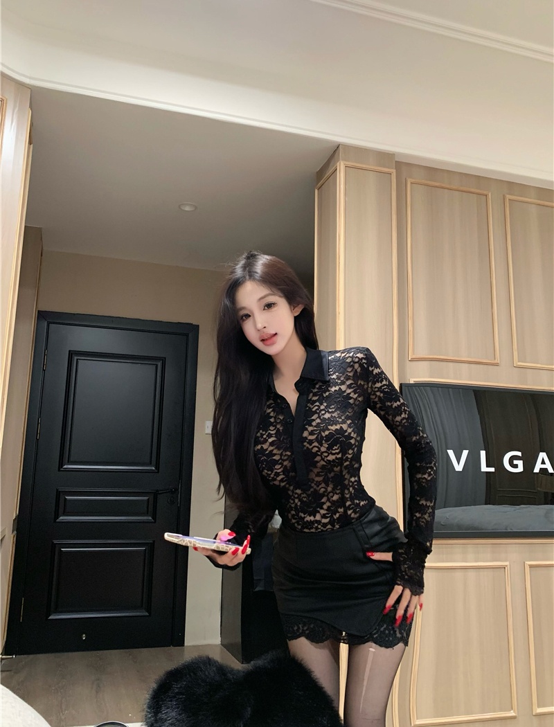 Enticement short skirt leather skirt 2pcs set for women