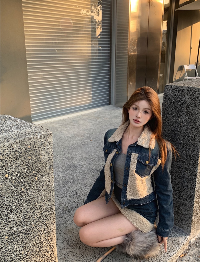 Clip cotton thick splice skirt short denim coat 2pcs set
