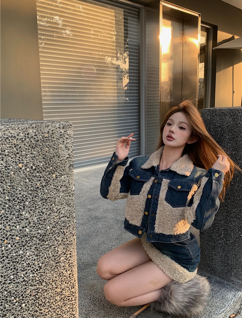Clip cotton thick splice skirt short denim coat 2pcs set