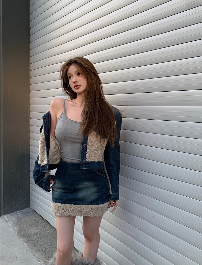 Clip cotton thick splice skirt short denim coat 2pcs set