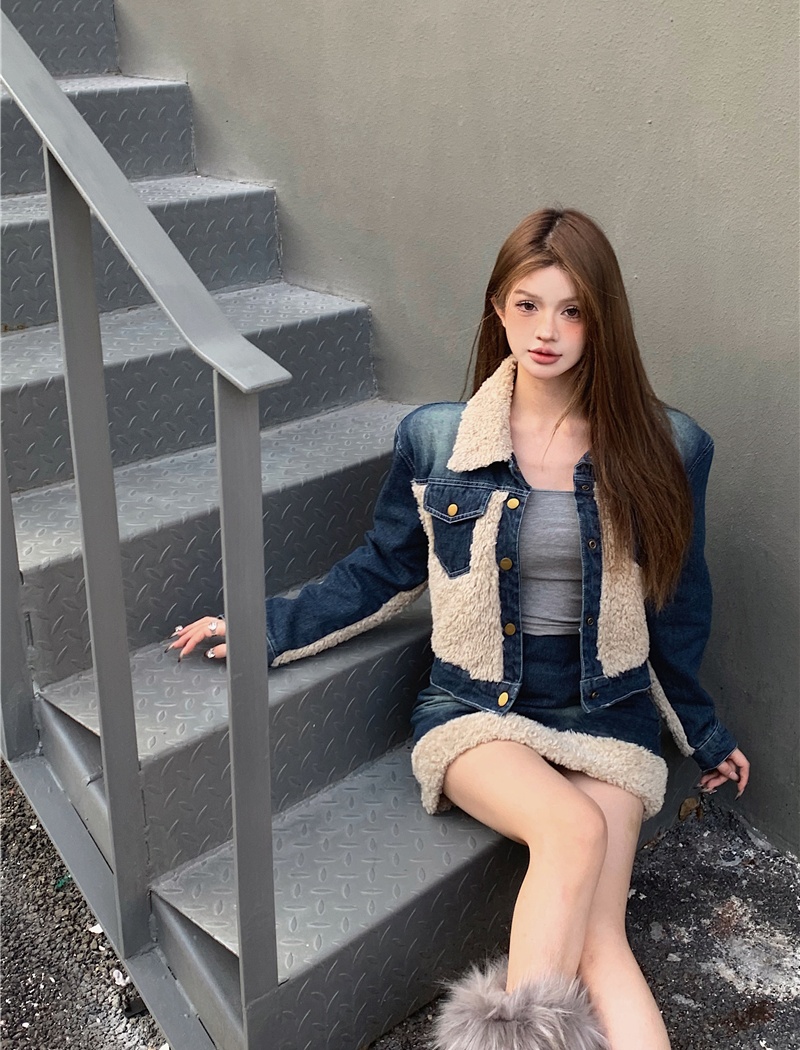 Clip cotton thick splice skirt short denim coat 2pcs set