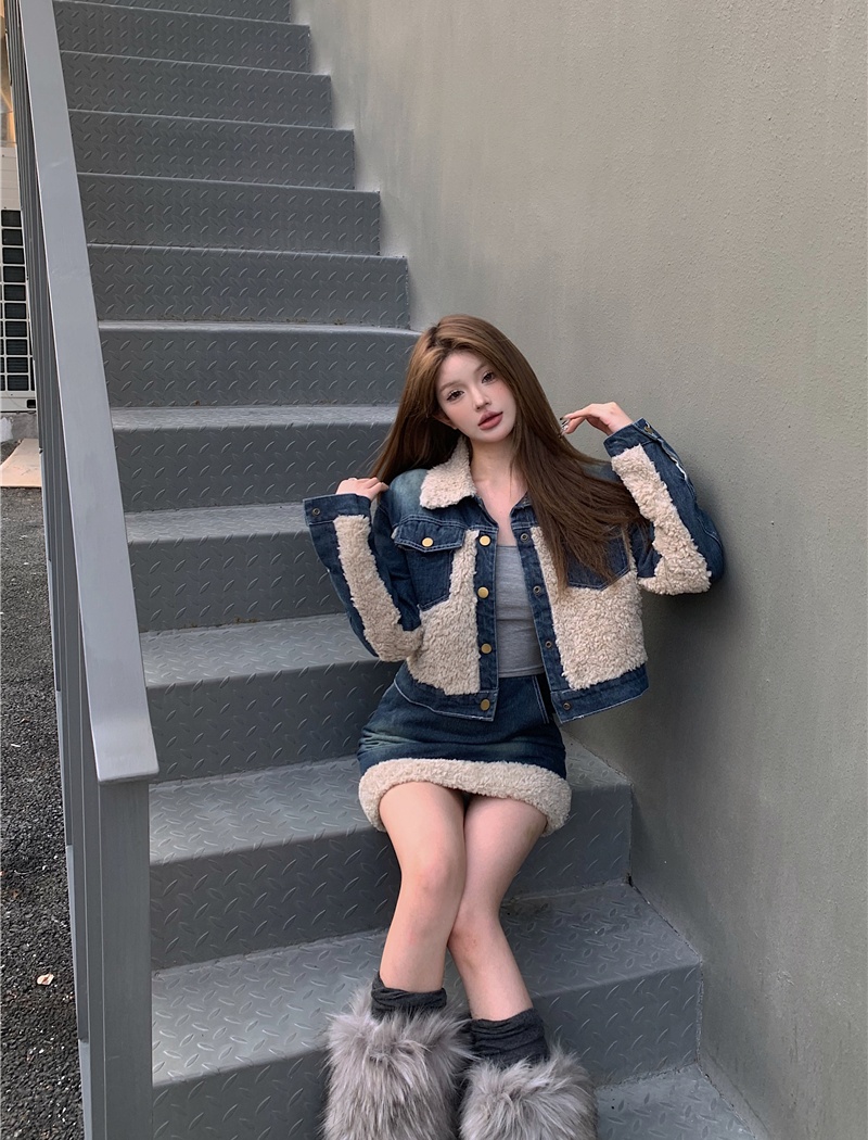 Clip cotton thick splice skirt short denim coat 2pcs set