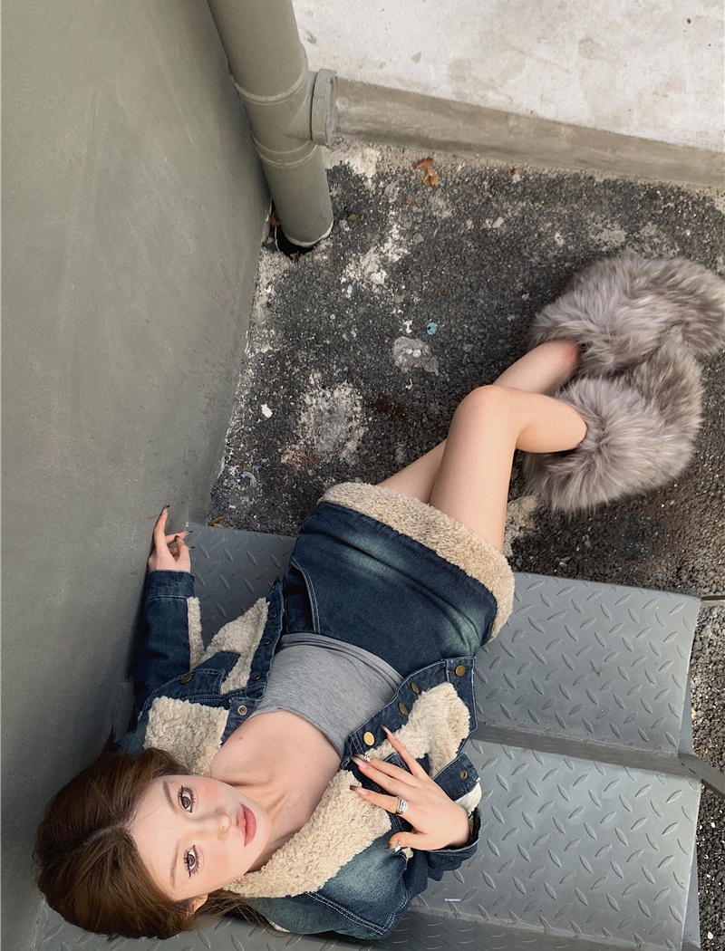 Clip cotton thick splice skirt short denim coat 2pcs set