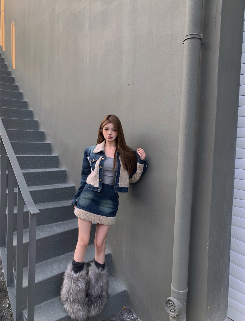 Clip cotton thick splice skirt short denim coat 2pcs set