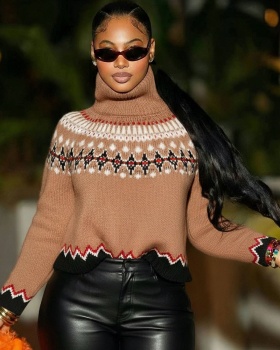 High collar mixed colors sweater fashion tops