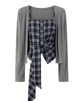 Autumn sling show young slim plaid cardigan 2pcs set