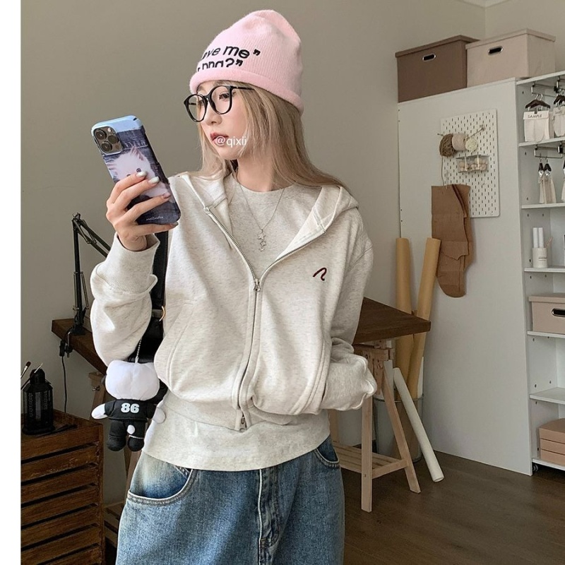 Retro zip autumn hoodie short long sleeve coat for women