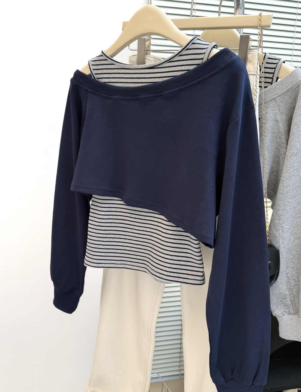 Sloping shoulder tops gray vest 2pcs set for women