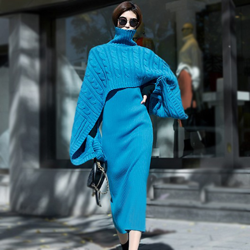 Fashion lazy dress long winter sweater 2pcs set for women