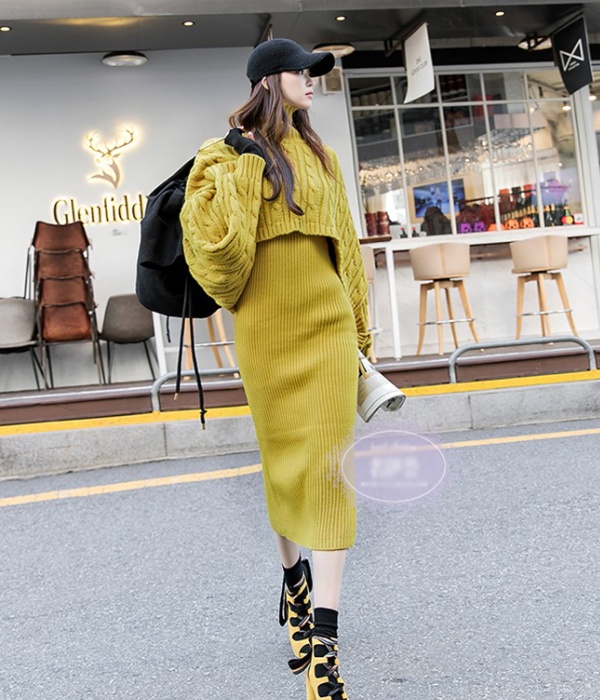 Fashion lazy dress long winter sweater 2pcs set for women