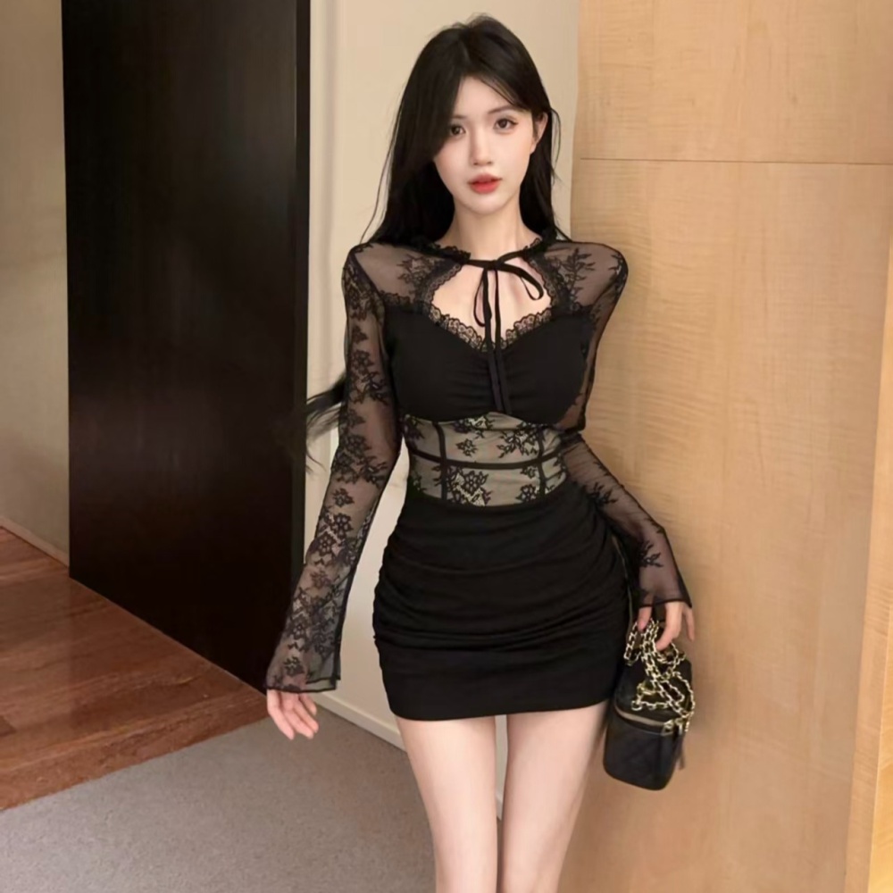 Splice lace halter enticement package hip frenum dress