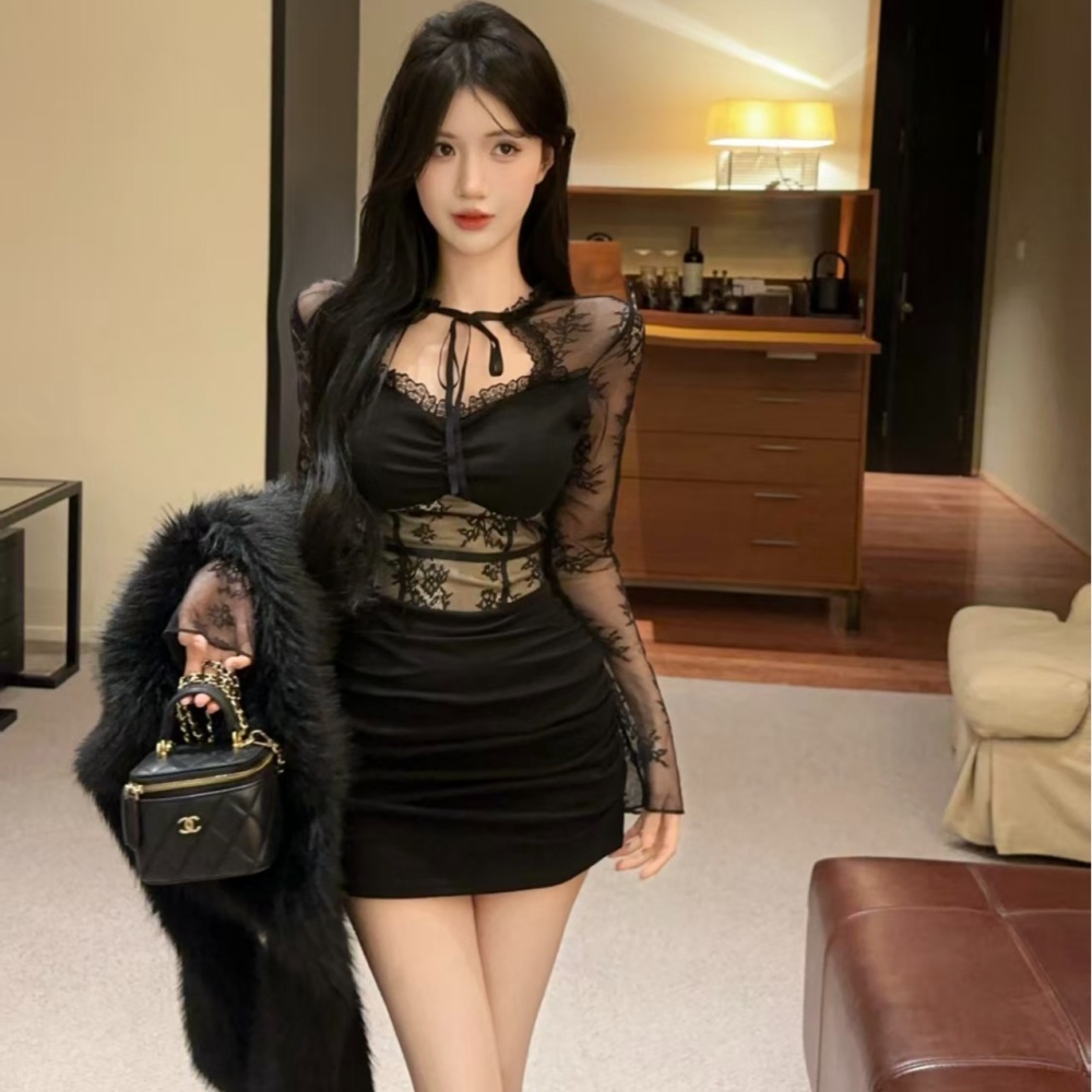 Splice lace halter enticement package hip frenum dress