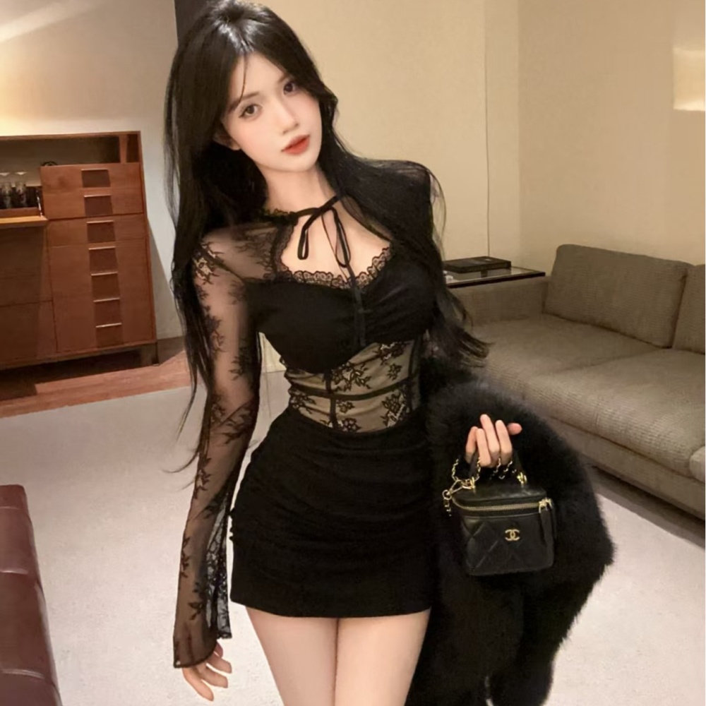 Splice lace halter enticement package hip frenum dress