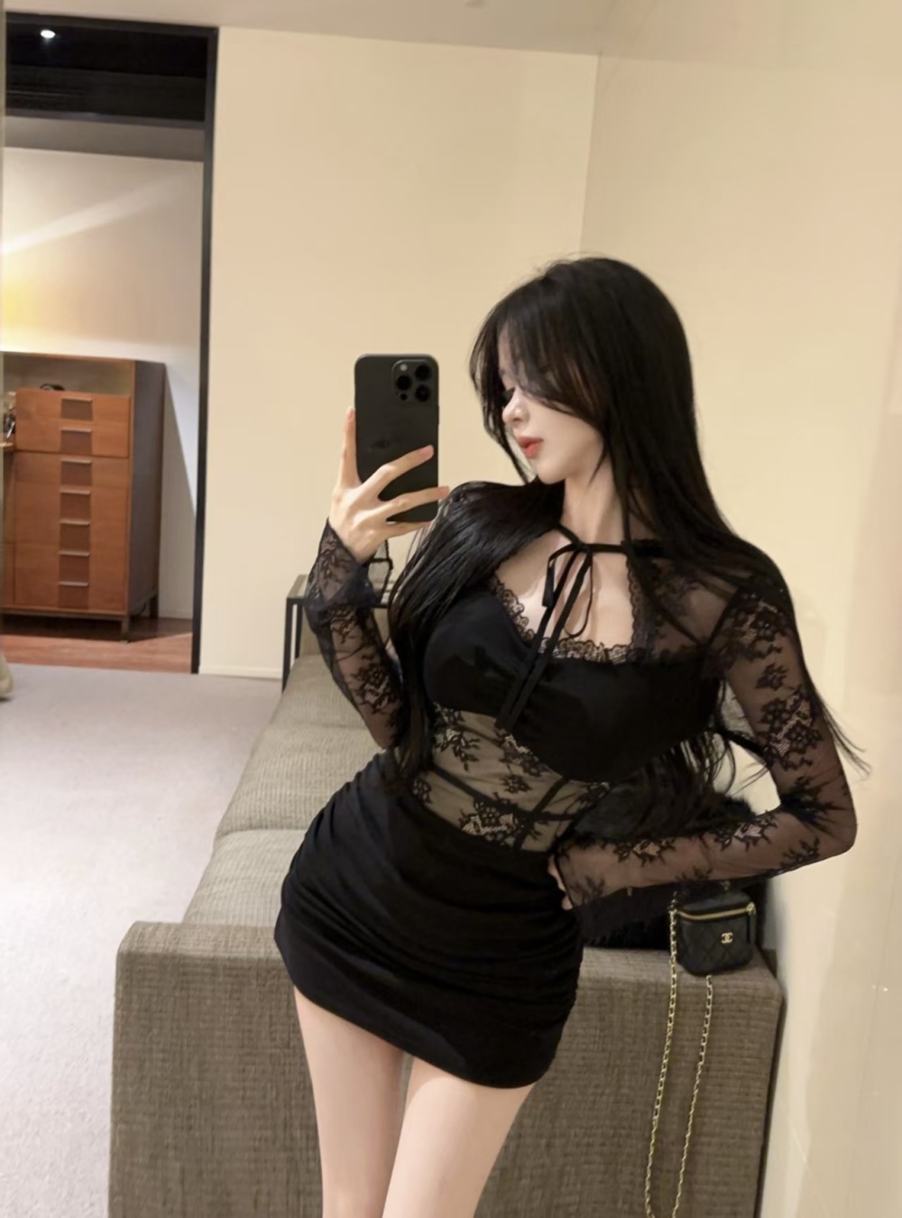 Splice lace halter enticement package hip frenum dress