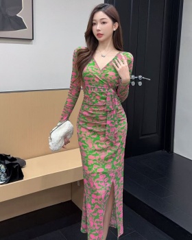 Gauze V-neck floral temperament ladies dress 2pcs set