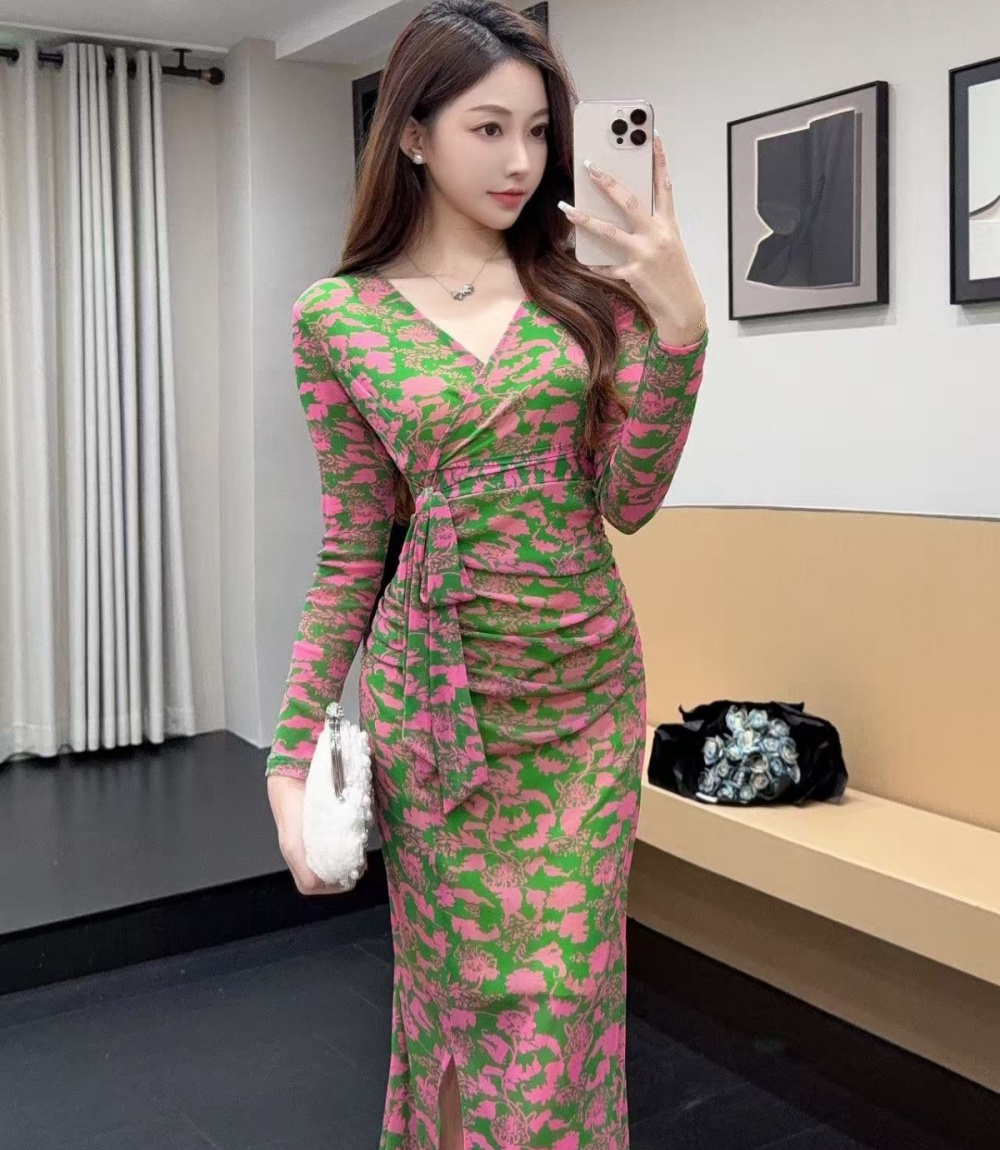 Gauze V-neck floral temperament ladies dress 2pcs set