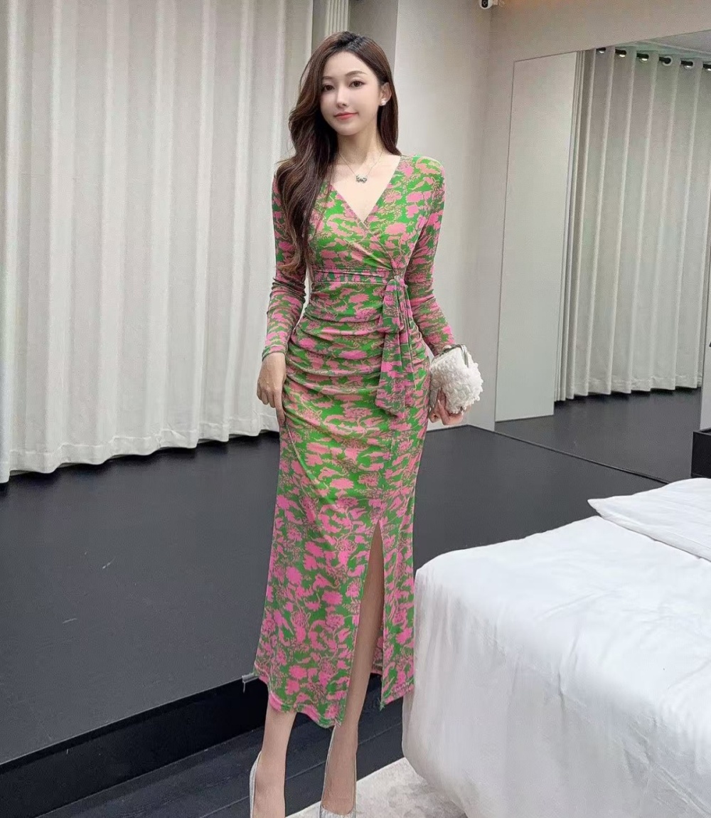 Gauze V-neck floral temperament ladies dress 2pcs set