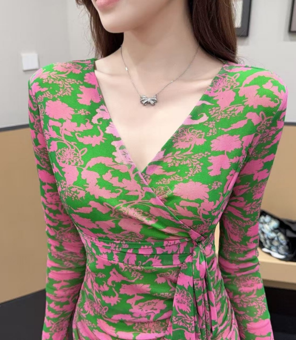 Gauze V-neck floral temperament ladies dress 2pcs set