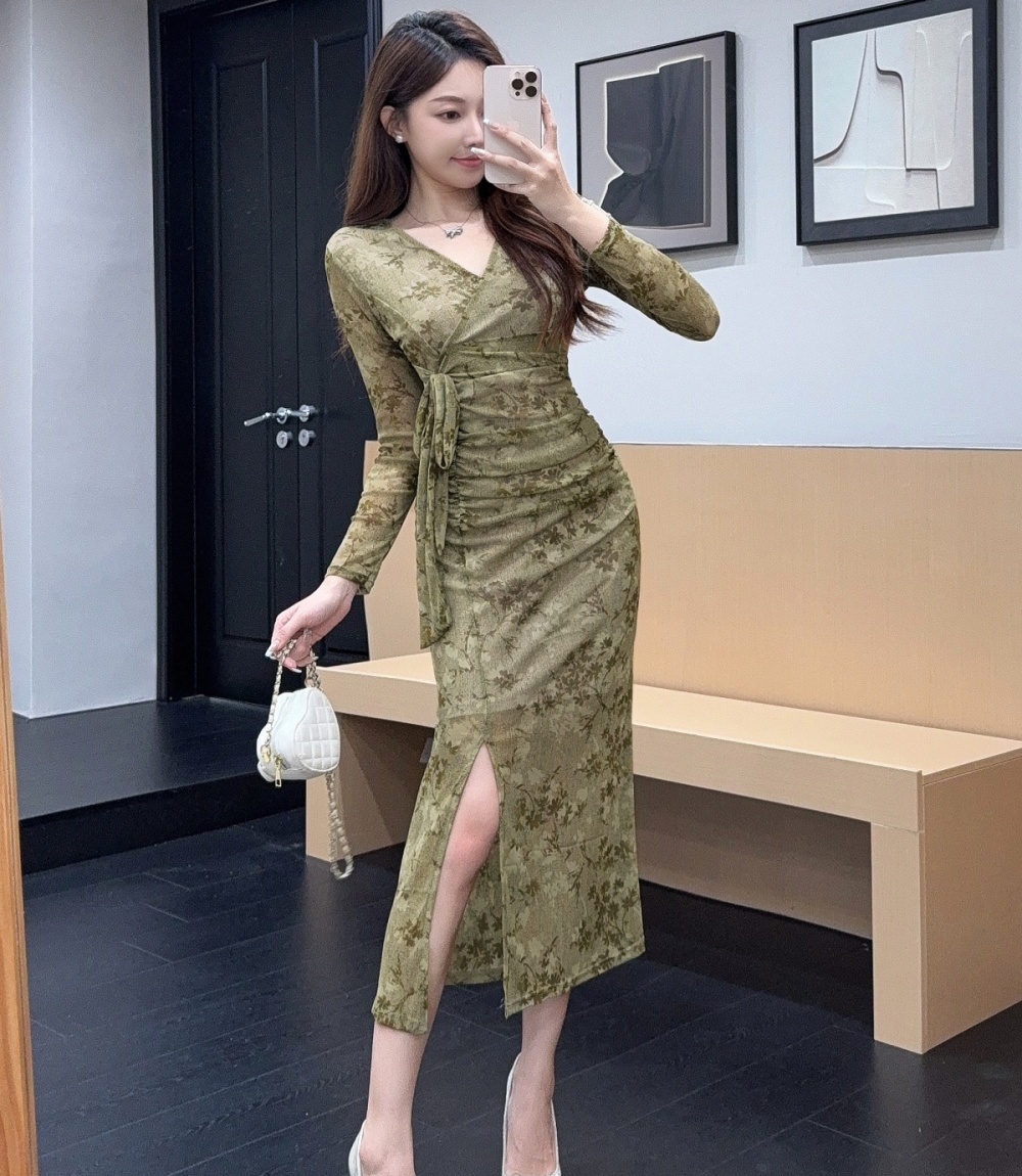 Gauze V-neck floral temperament ladies dress 2pcs set