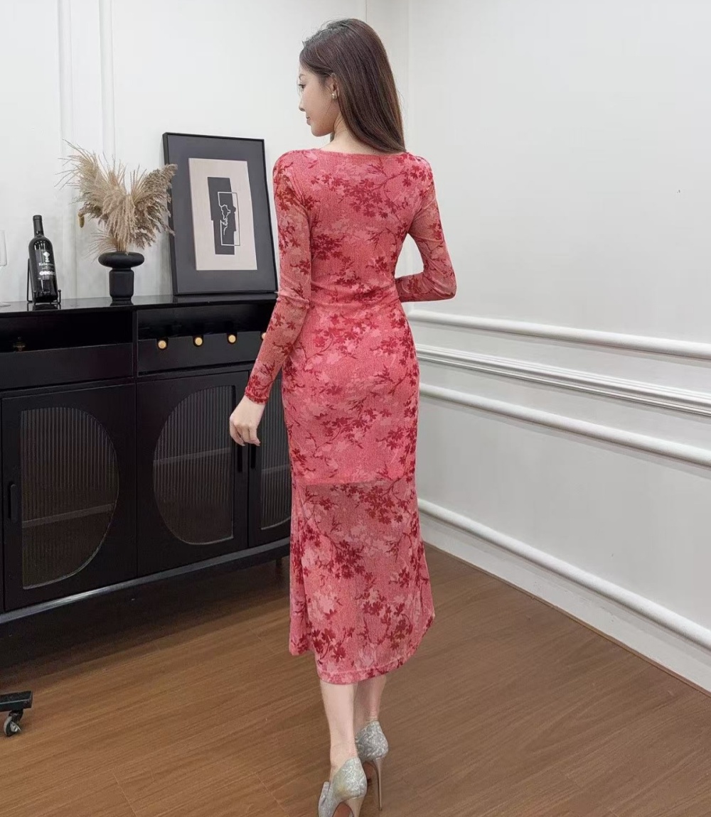 Gauze V-neck floral temperament ladies dress 2pcs set