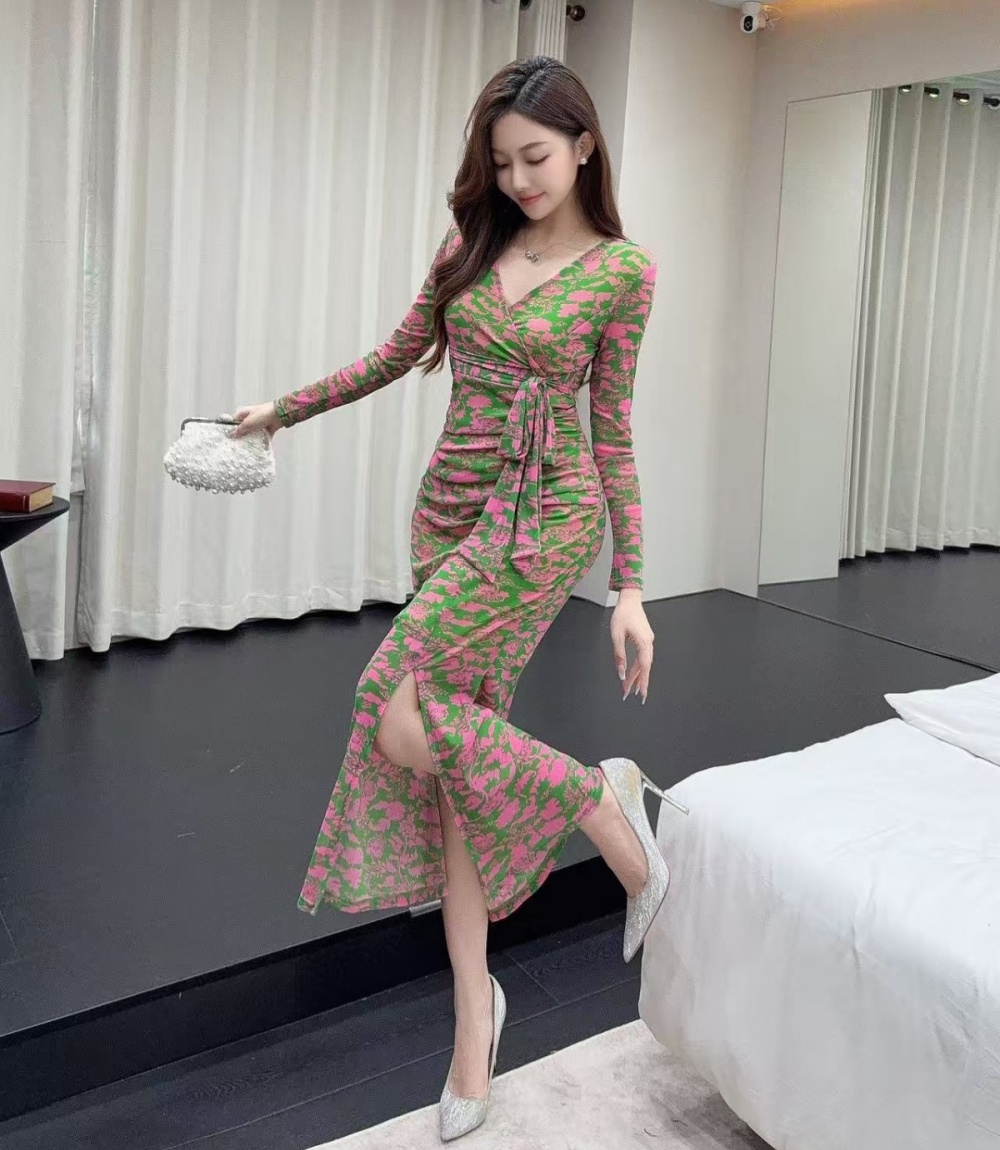 Gauze V-neck floral temperament ladies dress 2pcs set