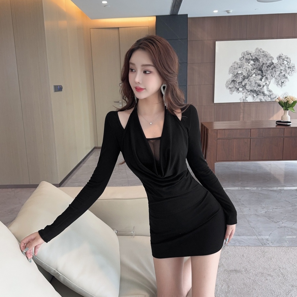 Elasticity low-cut long sleeve package hip bottoming dress