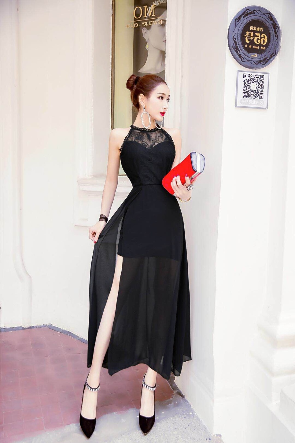 Chiffon ladies slim formal dress sexy split dress