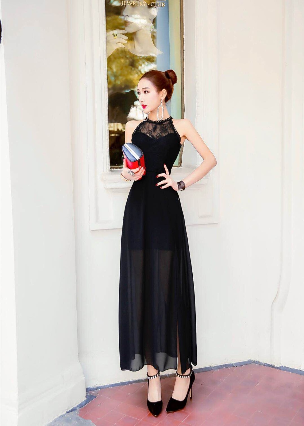 Chiffon ladies slim formal dress sexy split dress