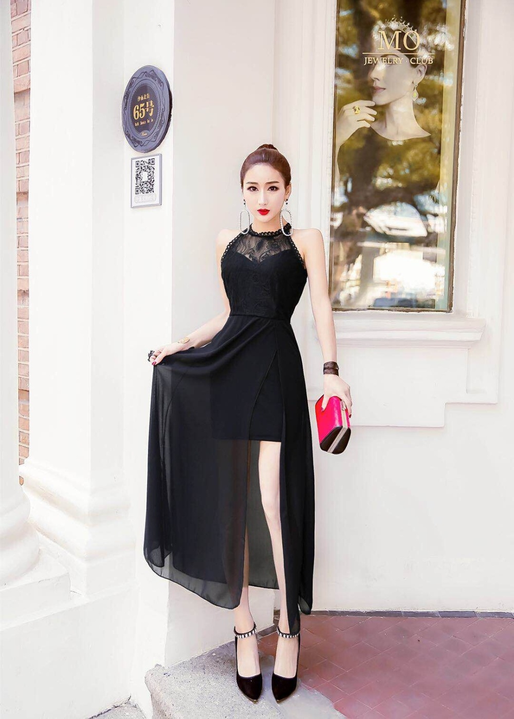 Chiffon ladies slim formal dress sexy split dress