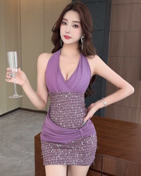 Spicegirl short slim halter gauze sequins dress