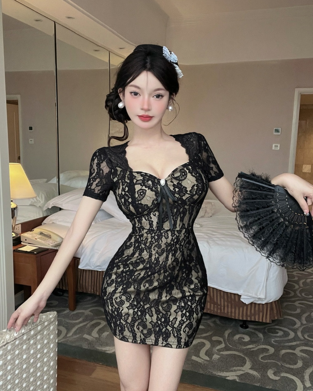 Package hip bottoming short sleeve lace tight elasticity dress