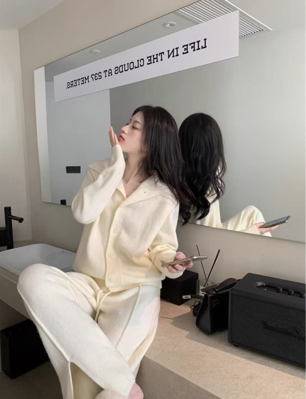 Split lazy long pants Casual cardigan 2pcs set for women