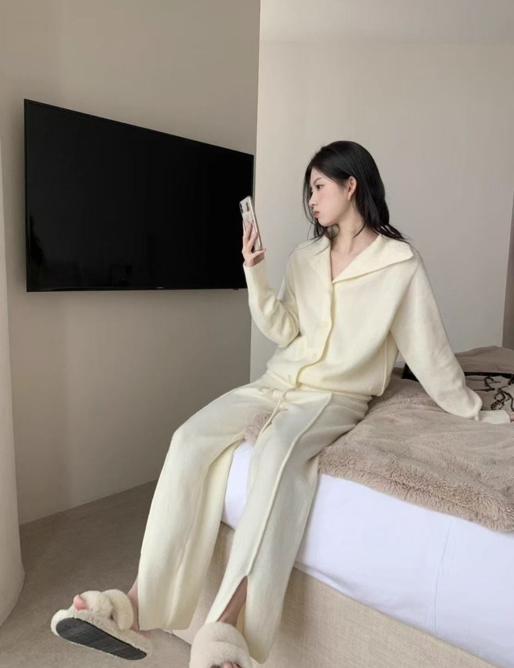 Split lazy long pants Casual cardigan 2pcs set for women