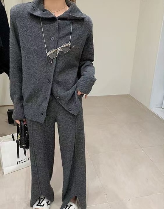 Split lazy long pants Casual cardigan 2pcs set for women