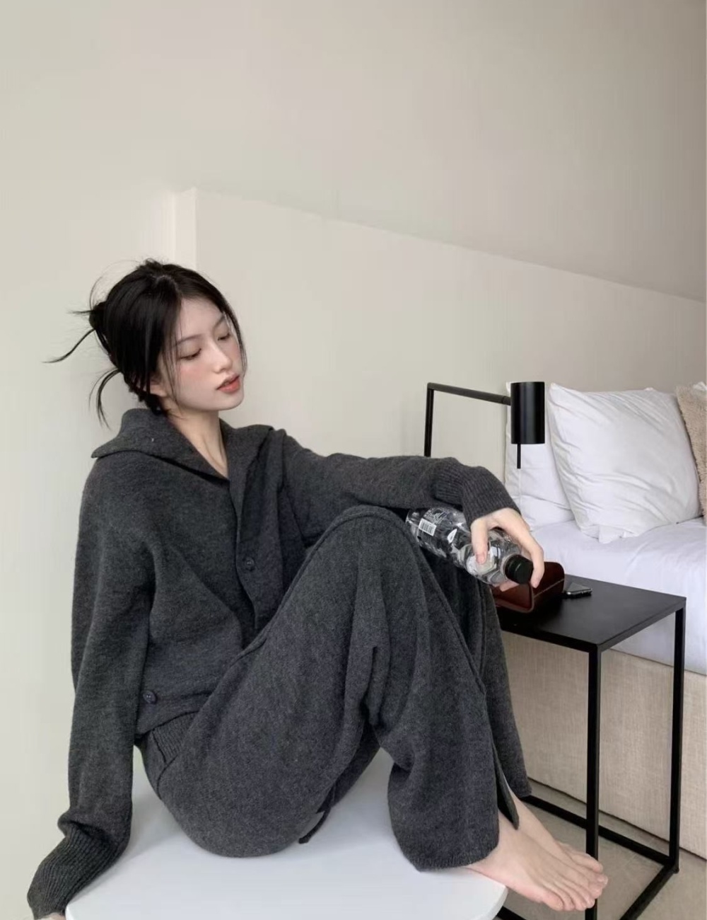 Split lazy long pants Casual cardigan 2pcs set for women