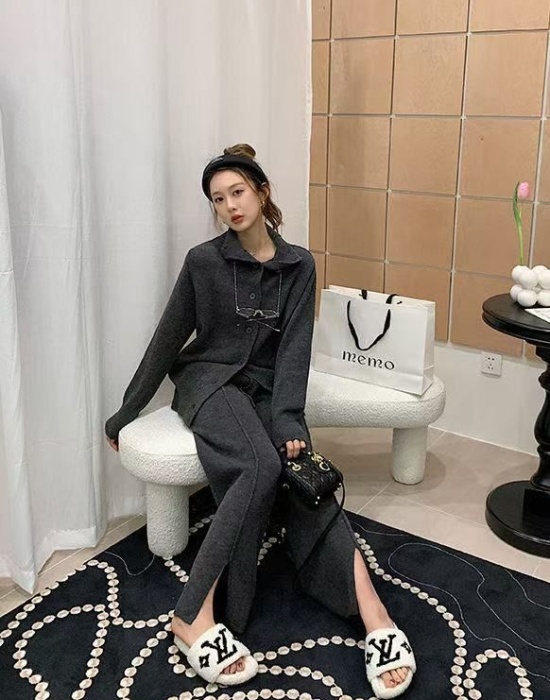 Split lazy long pants Casual cardigan 2pcs set for women