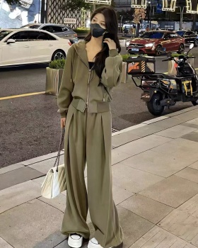 Hooded all-match wide leg pants temperament sportswear 2pcs set