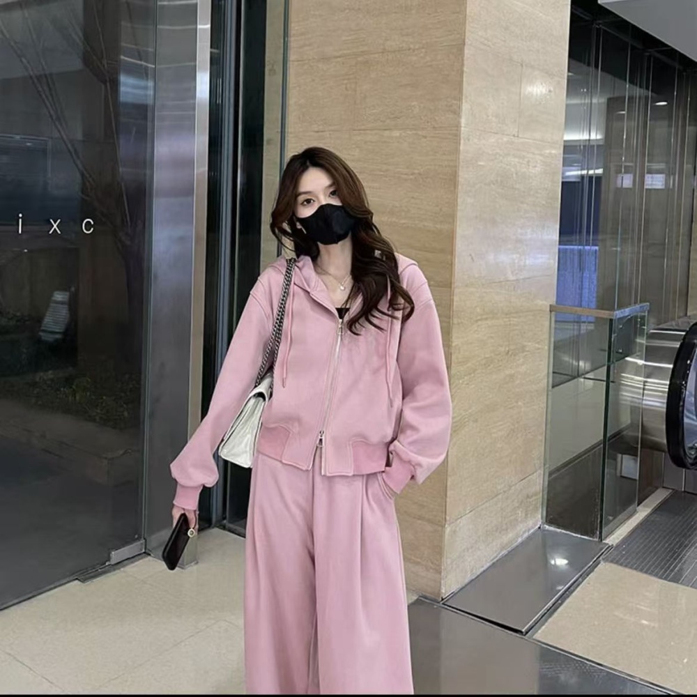 Hooded all-match wide leg pants temperament sportswear 2pcs set