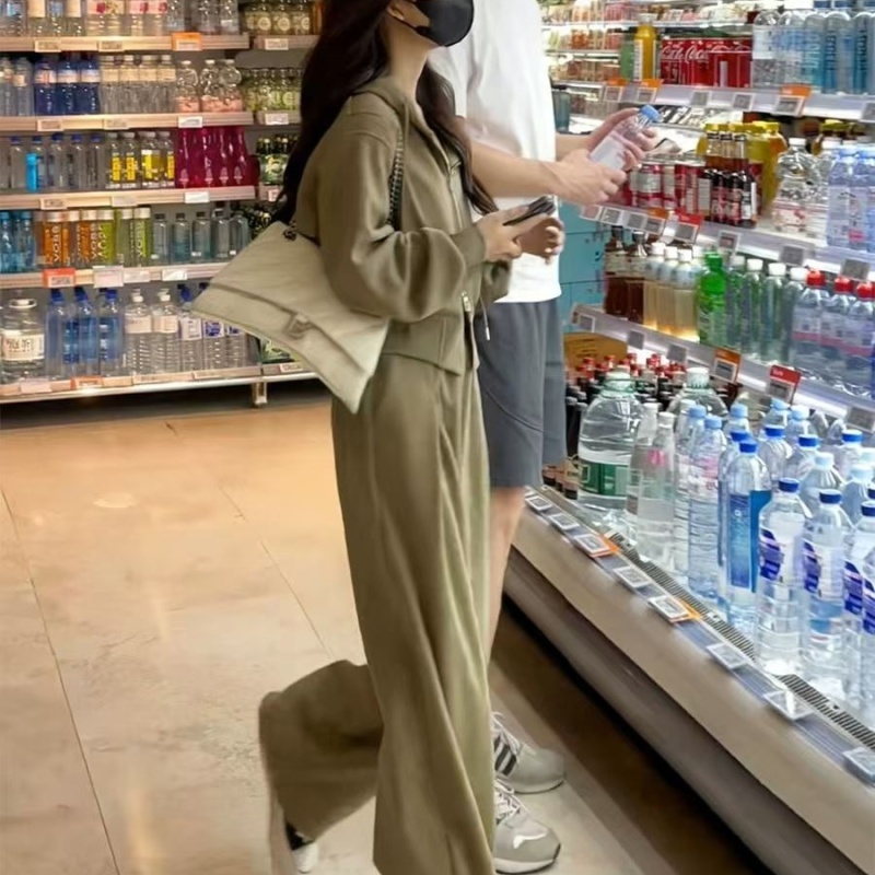 Hooded all-match wide leg pants temperament sportswear 2pcs set