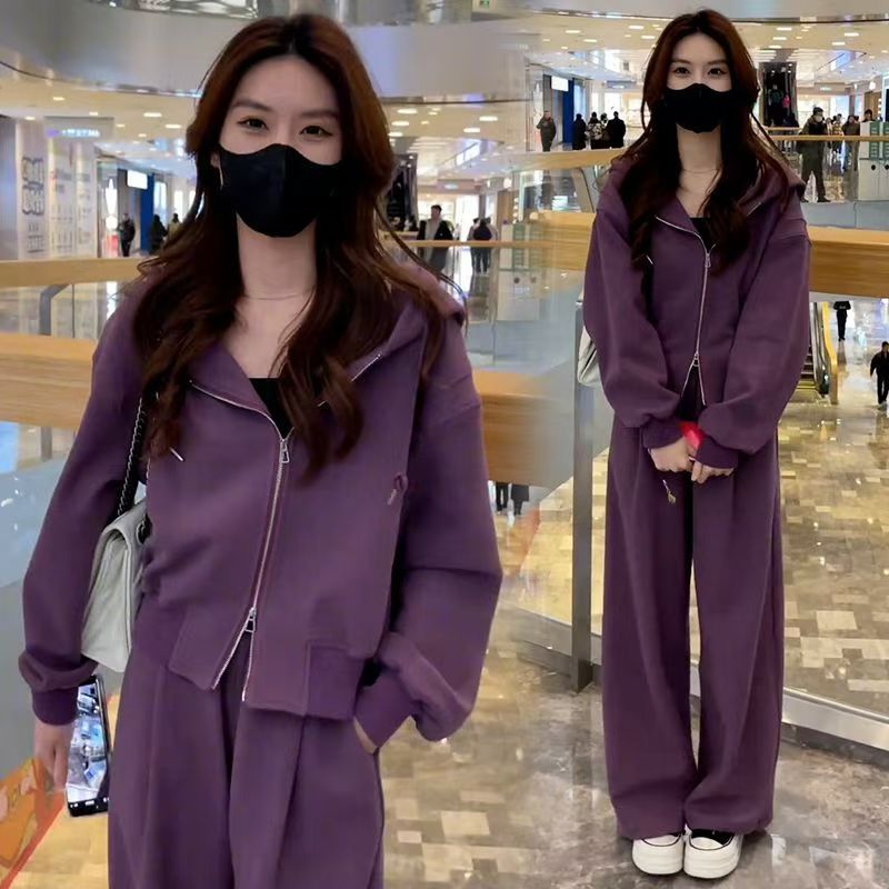 Hooded all-match wide leg pants temperament sportswear 2pcs set