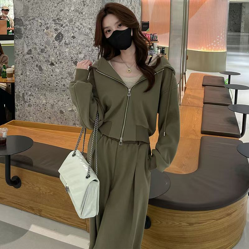 Hooded all-match wide leg pants temperament sportswear 2pcs set