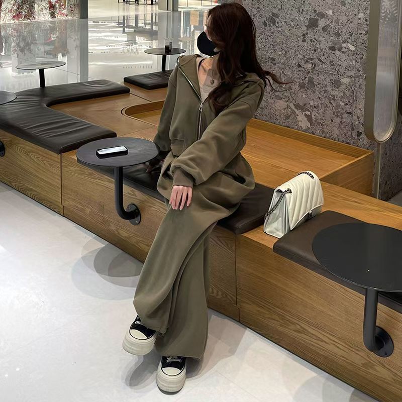 Hooded all-match wide leg pants temperament sportswear 2pcs set