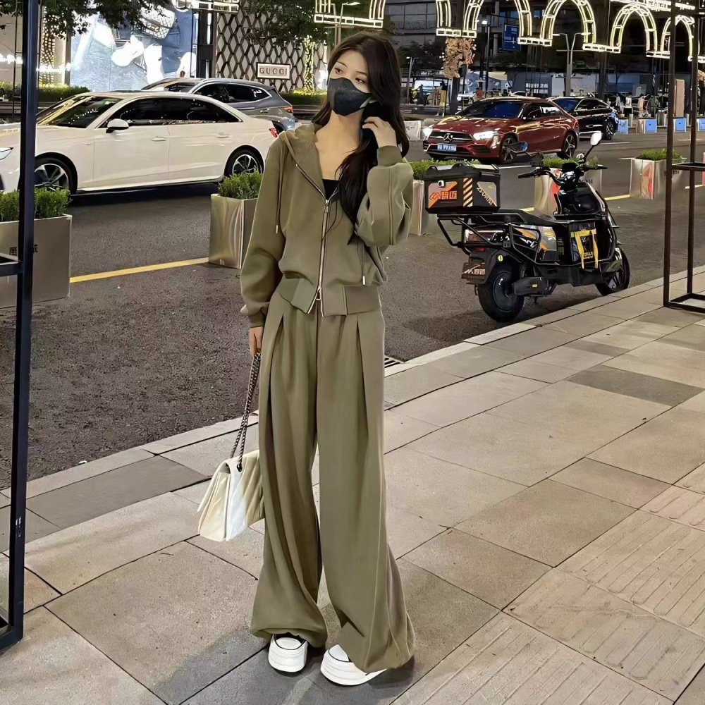 Hooded all-match wide leg pants temperament sportswear 2pcs set