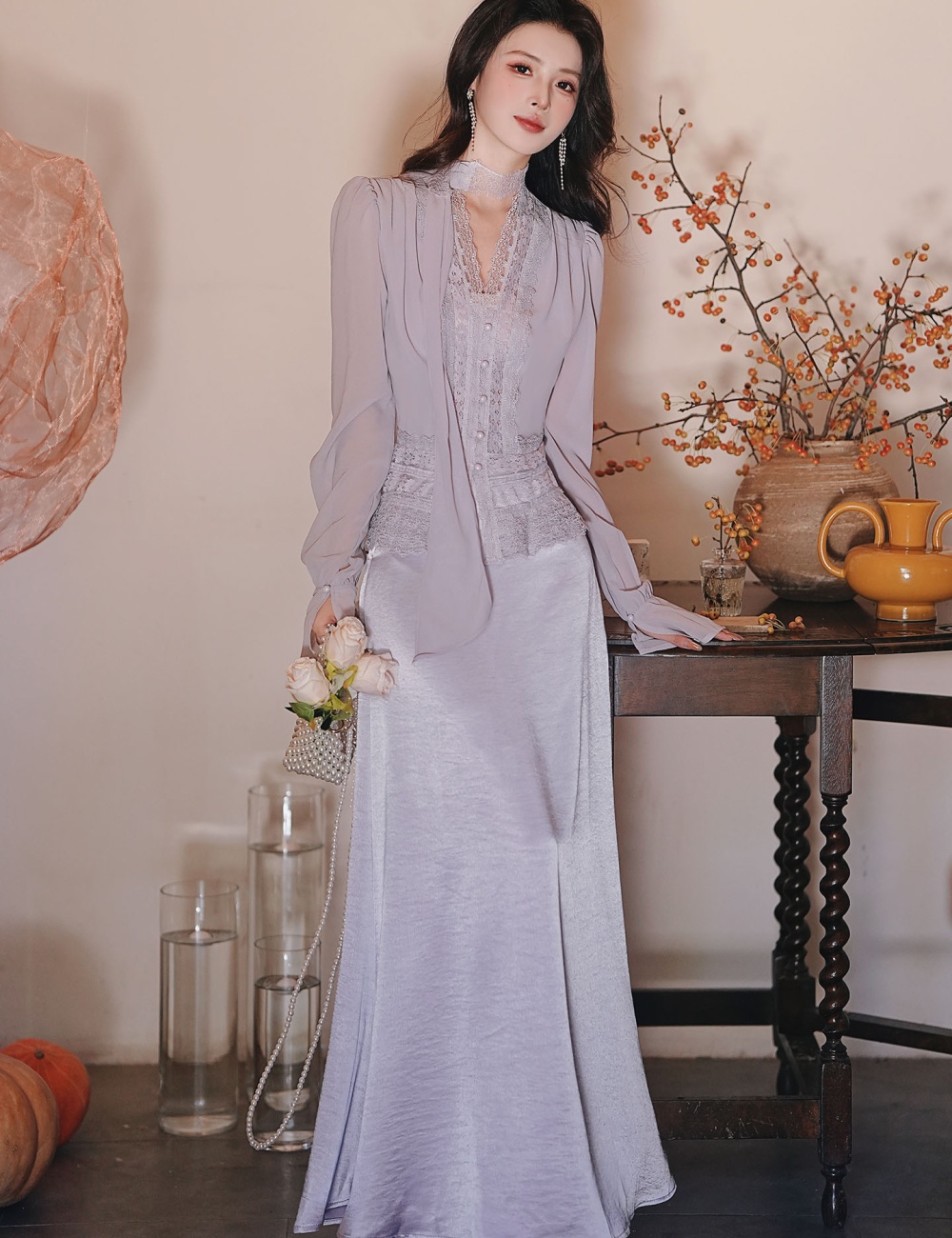 Mermaid splice long sleeve tops lace short shirt a set