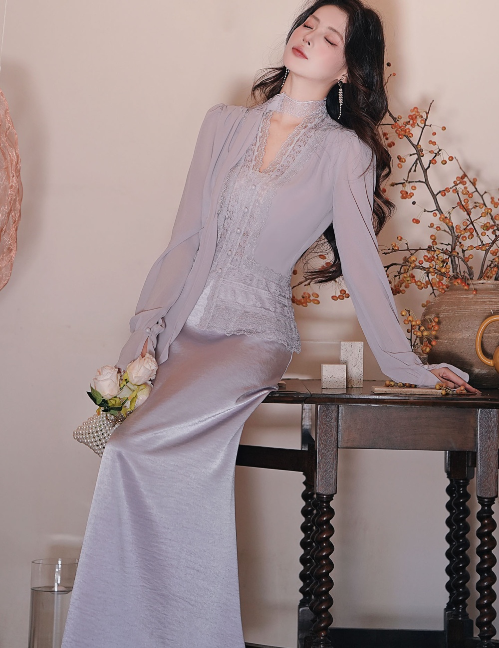 Mermaid splice long sleeve tops lace short shirt a set