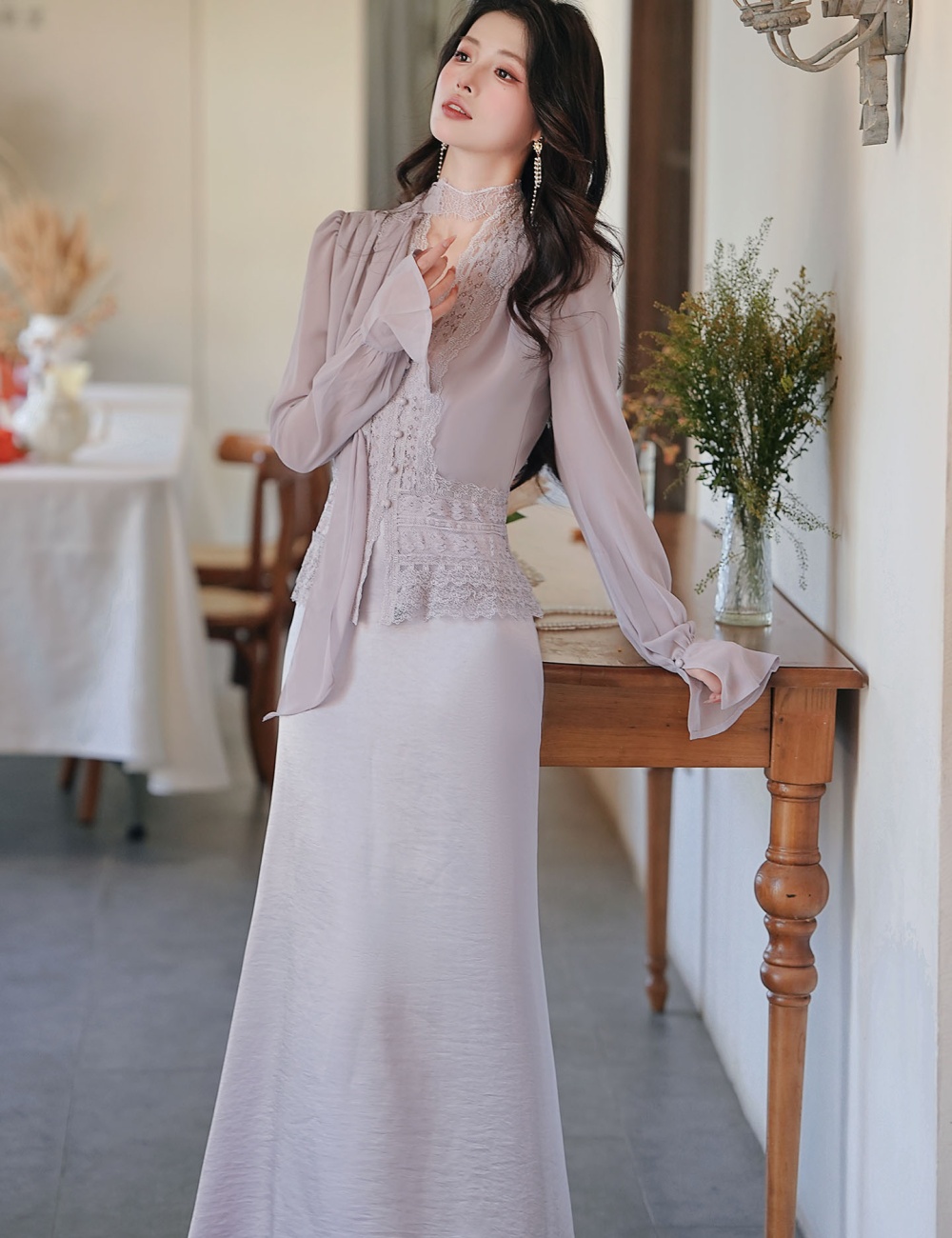 Mermaid splice long sleeve tops lace short shirt a set